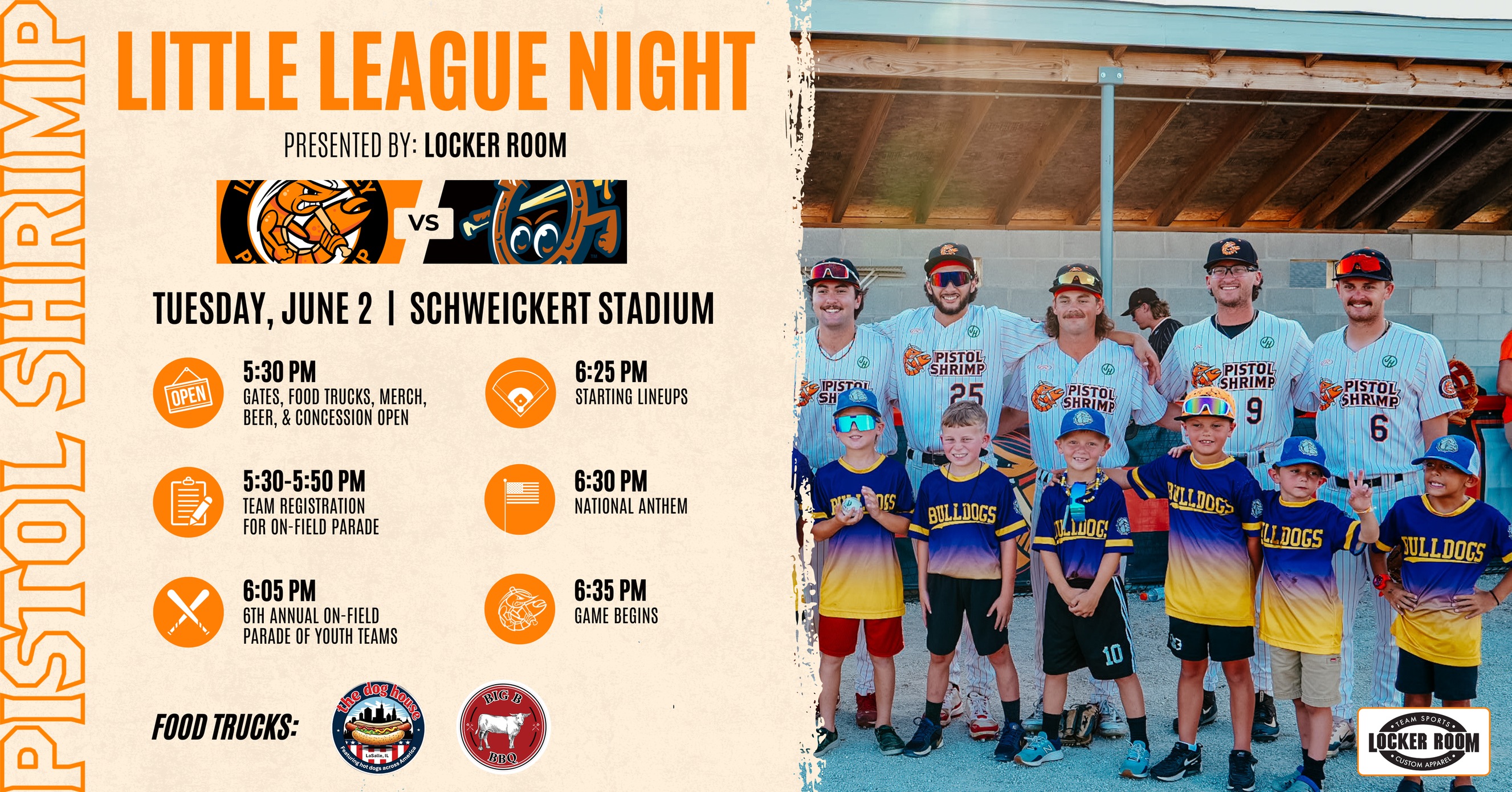 Celebrate Little League Night presented by Locker Room with the Pistol Shrimp TONIGHT!